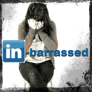 Woman embarrassed with LinkedIn logo overlay
