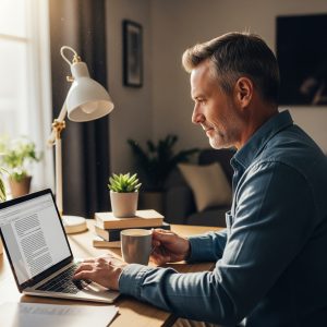 A man in his fifties working on a text document at his desk while facing a window