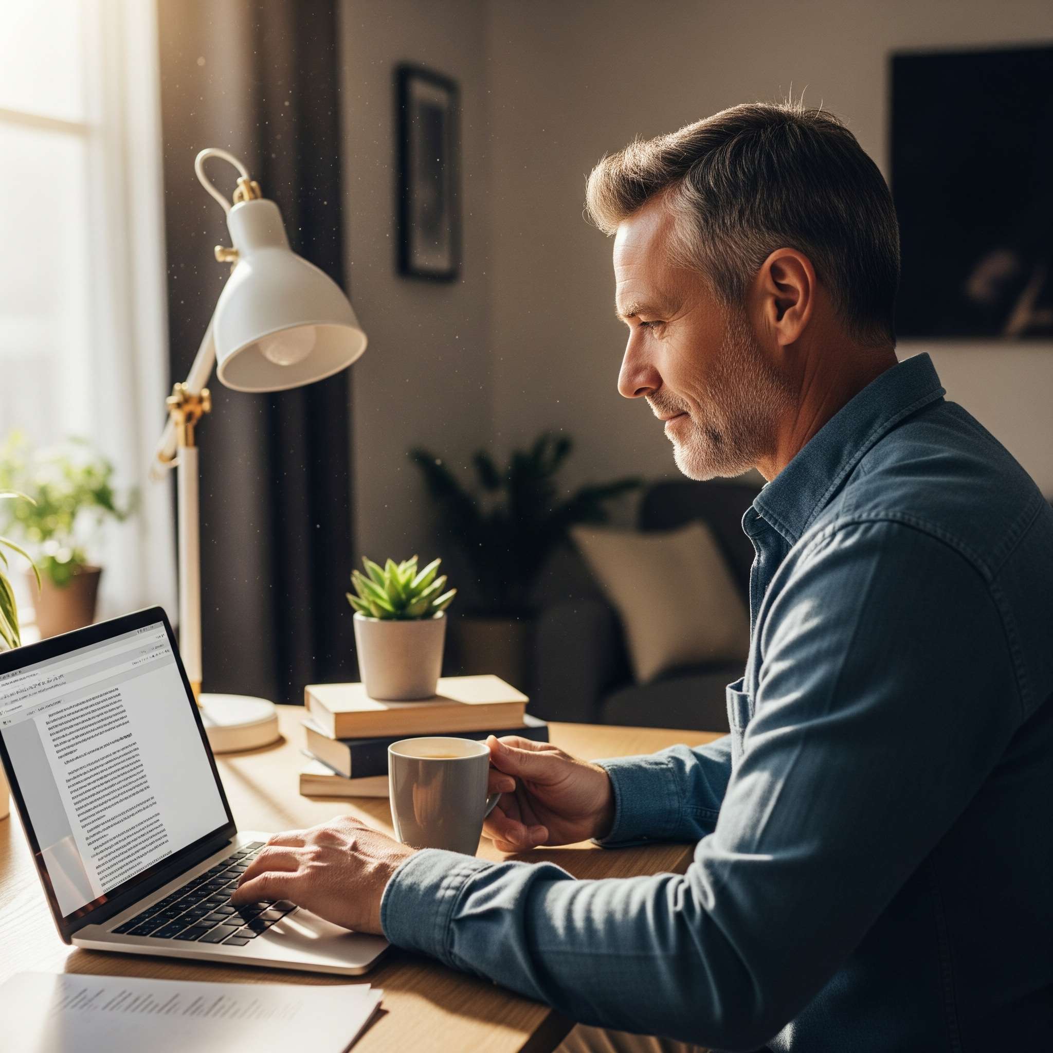 A man in his fifties working on a text document at his desk while facing a window